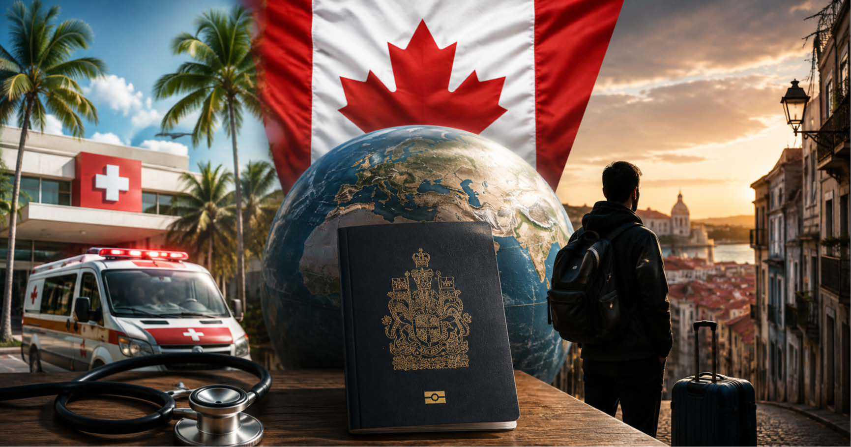 Canadian passport in front of a globe with a hospital, ambulance, and traveler abroad, illustrating consular assistance, travel insurance, and emergency travel services.