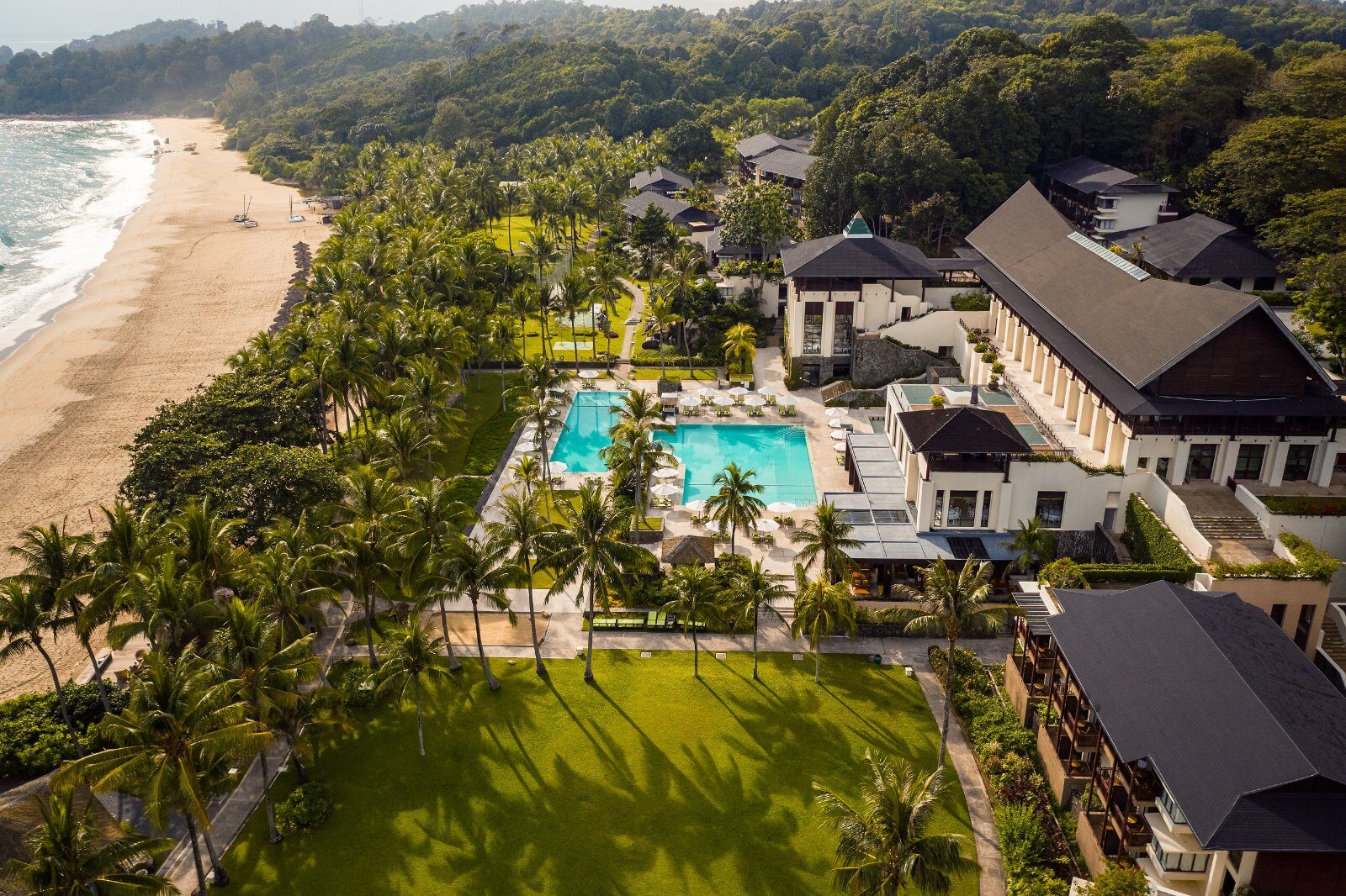 Aerial view of Club Med Bintan Island, between gardens, pool and sea