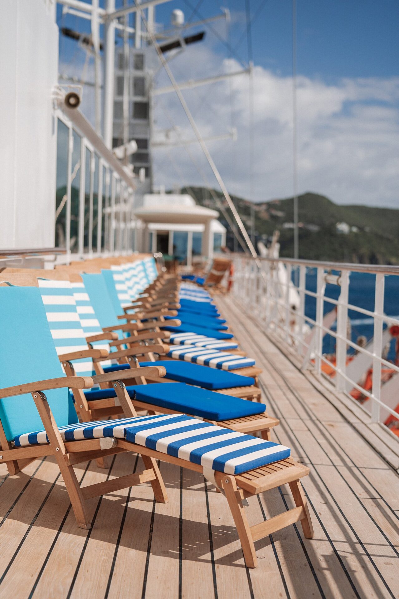 Deck chairs lined up on the deck of the Club Med 2