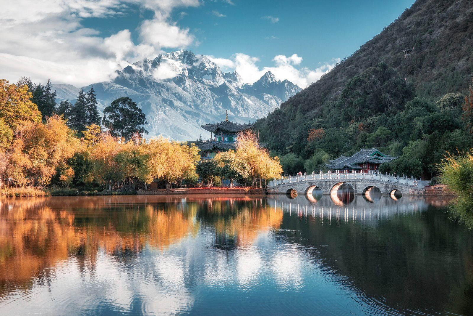 Jade Dragon Snow Mountain reflected in a lake near Lijiang