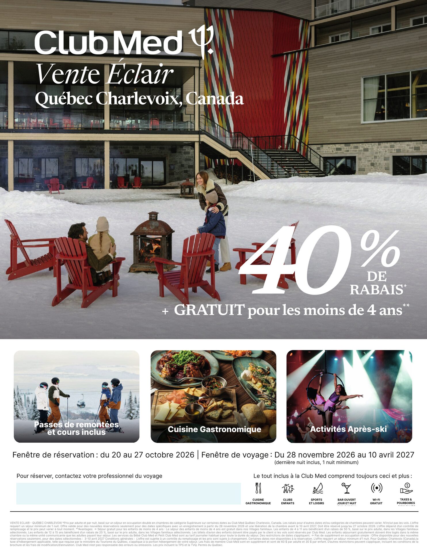 Club Med — Vente Éclair Québec Charlevoix : 40 % de rabais sur un séjour tout inclus au Village montagne de Charlevoix, séjour gratuit pour les enfants de moins de 4 ans, passes de remontées et cours Club Med — Vente Éclair Québec Charlevoix : 40 % de rabais sur un séjour tout inclus au Village montagne de Charlevoix, séjour gratuit pour les enfants de moins de 4 ans, passes de remontées et cours