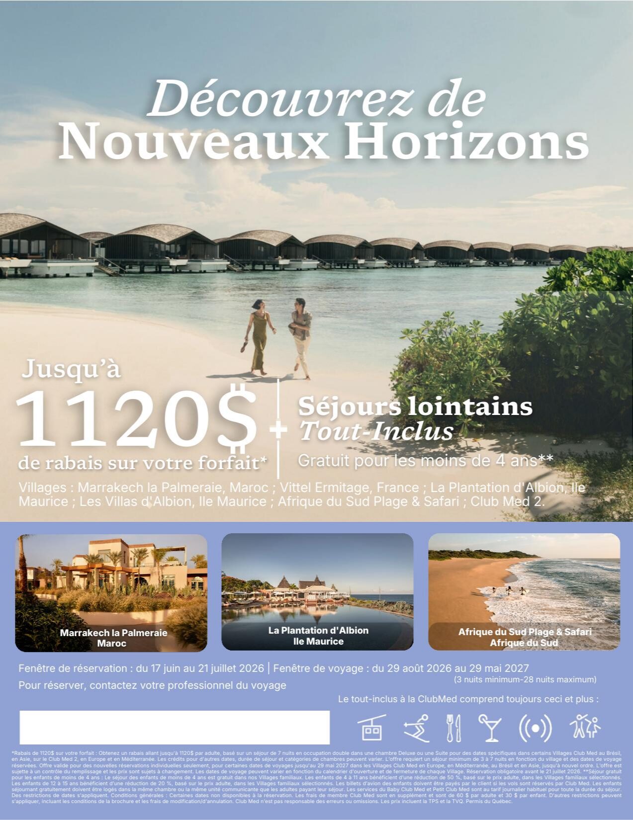 Promotions Club Med Offre Découvrez de nouveaux horizons Jusqu'à 1120$ de rabais avec Voyages Aqua Terra