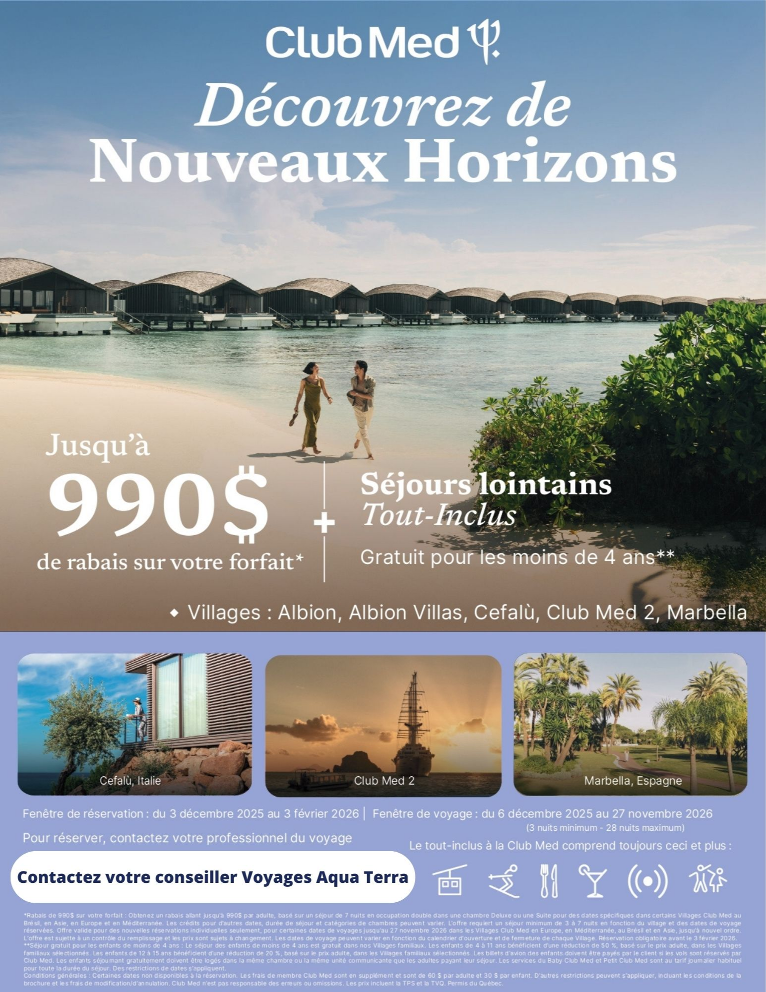 Promotions Club Med Offre Séjours Lointains Jusqu'à 990$ de rabais avec Voyages Aqua Terra