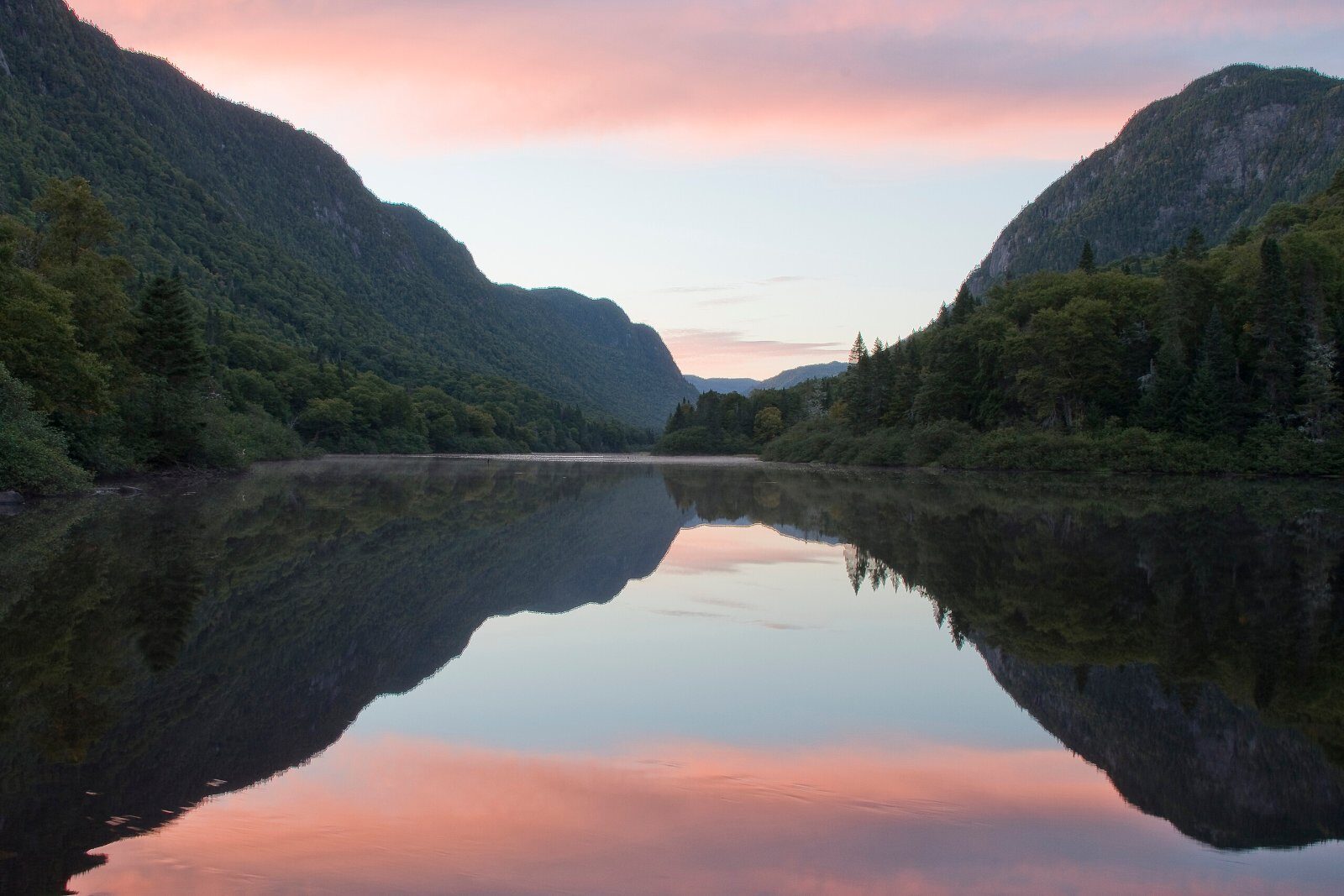 Lake between mountains at sunset, Quebec
