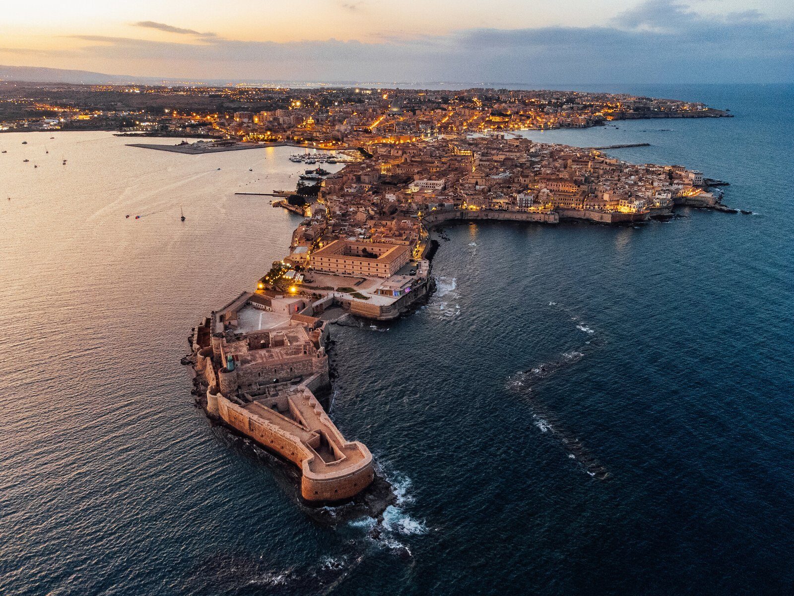Aerial view of Ortygia, the historic heart of Syracuse
