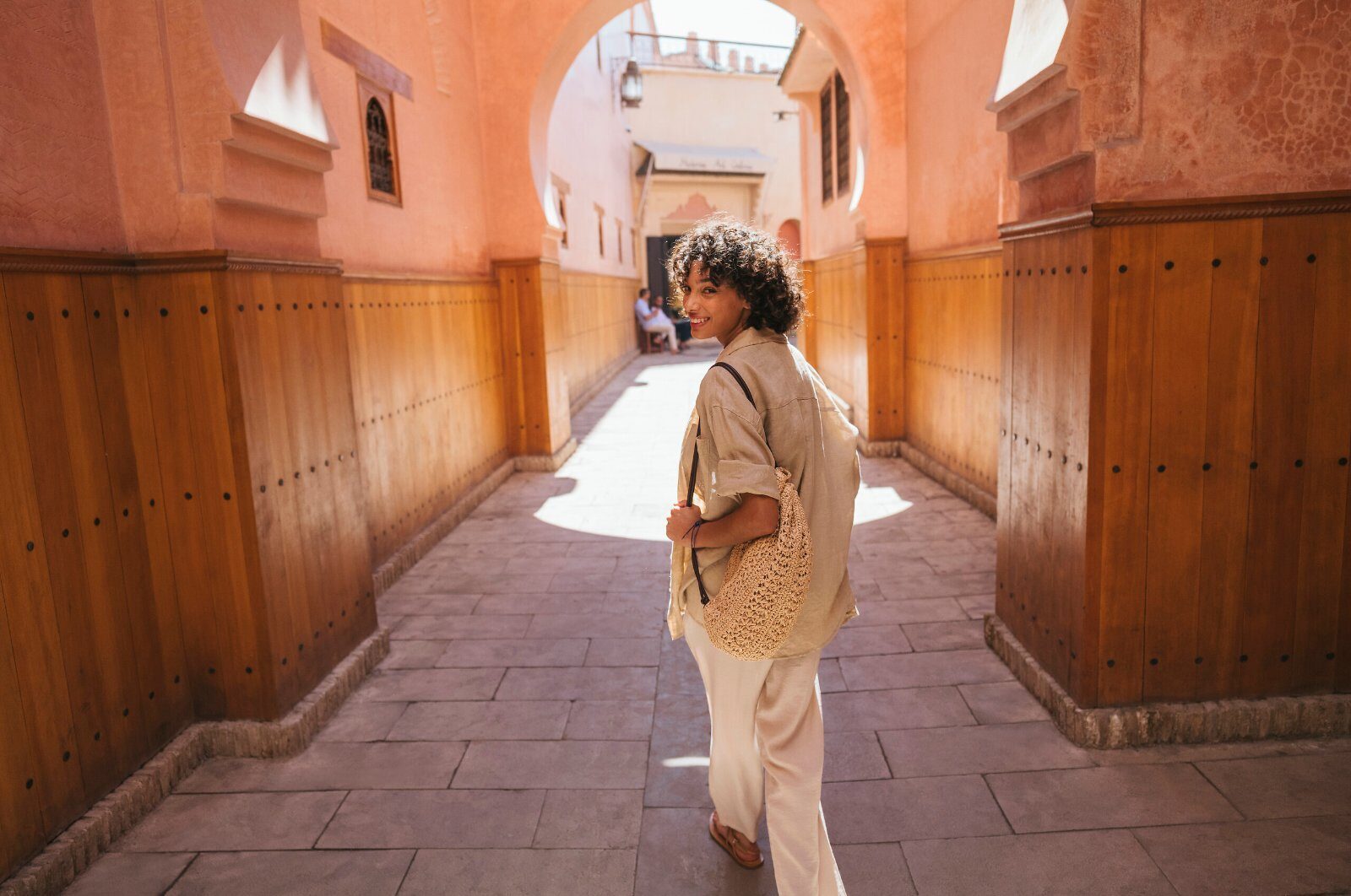 Ochre-walled lane in a Moroccan medina