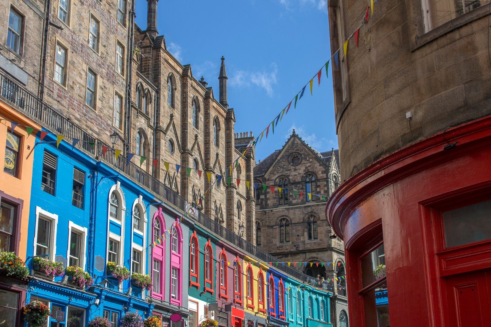 Street of colourful facades in Edinburgh