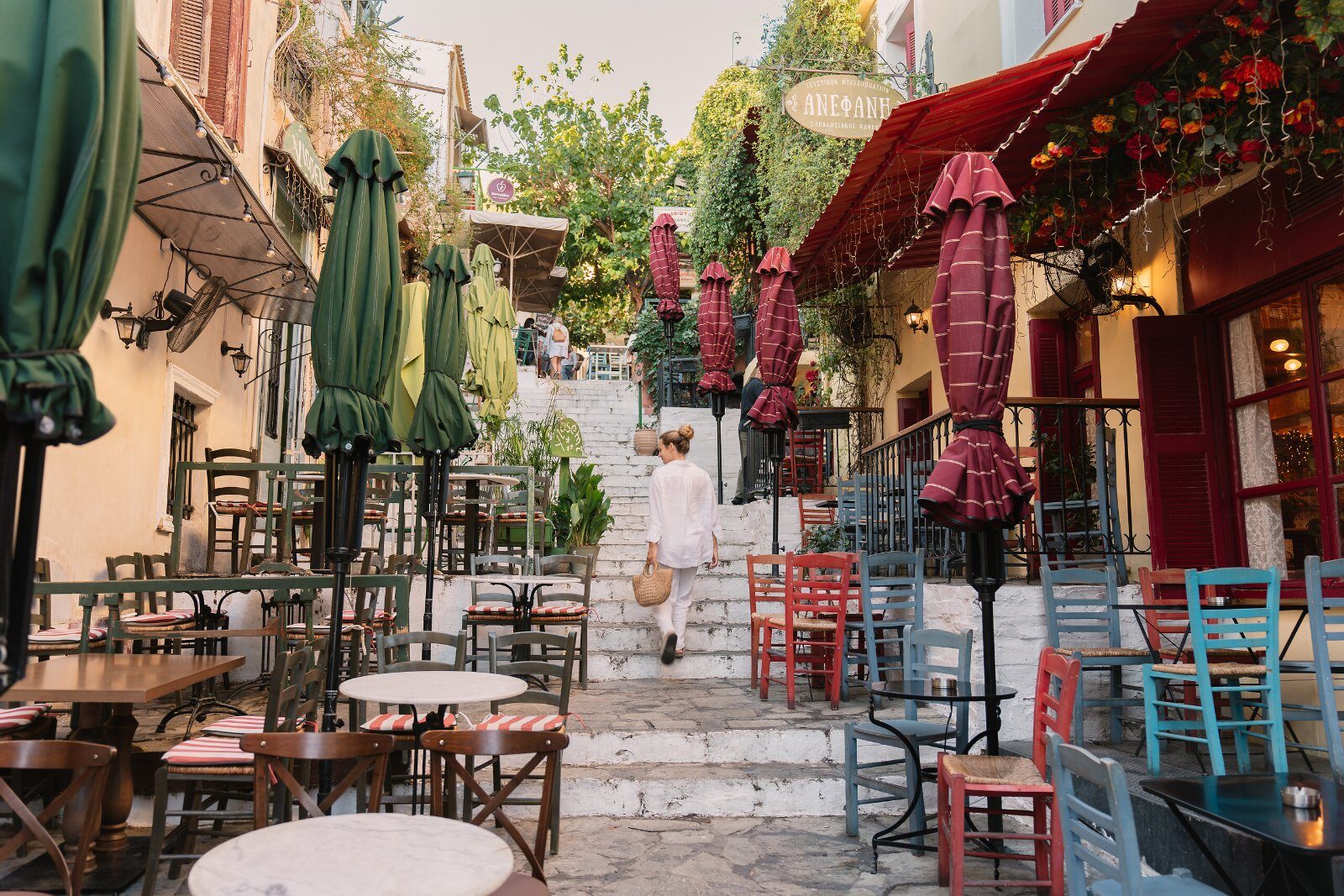 Tavern terraces in an Athens lane