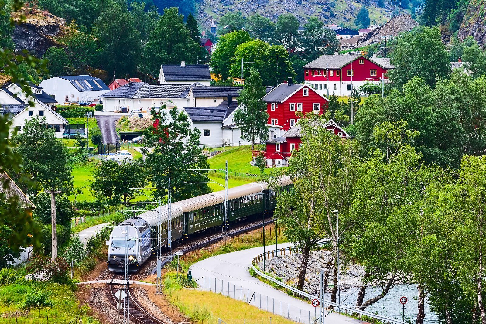 Train between houses and greenery in Norway