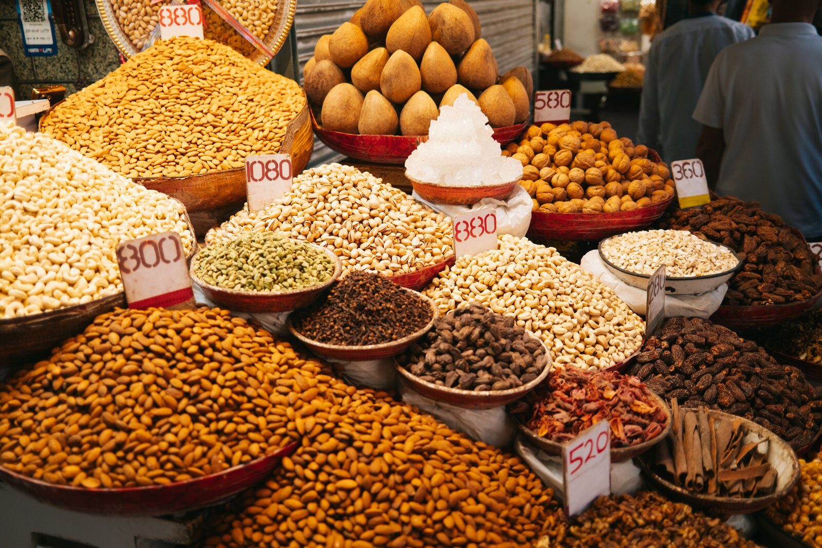 Stall of dried fruit and spices in an Indian market