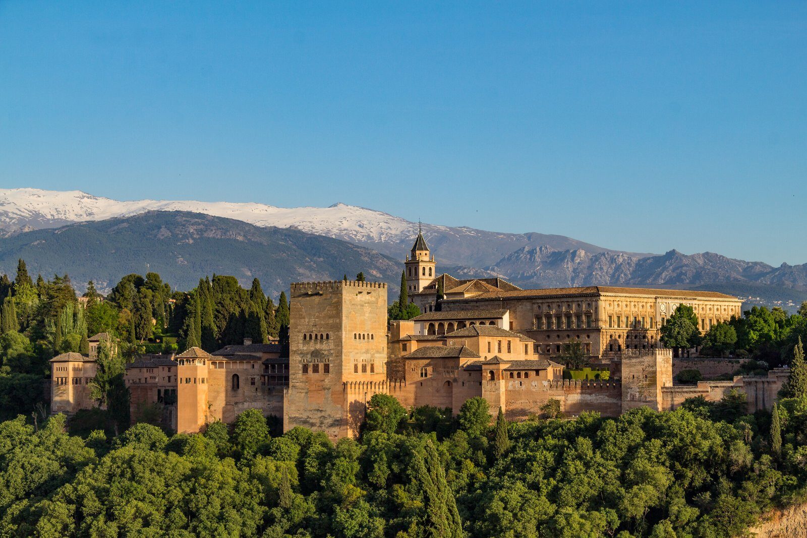 The Alhambra of Granada before the Sierra Nevada, in Andalusia