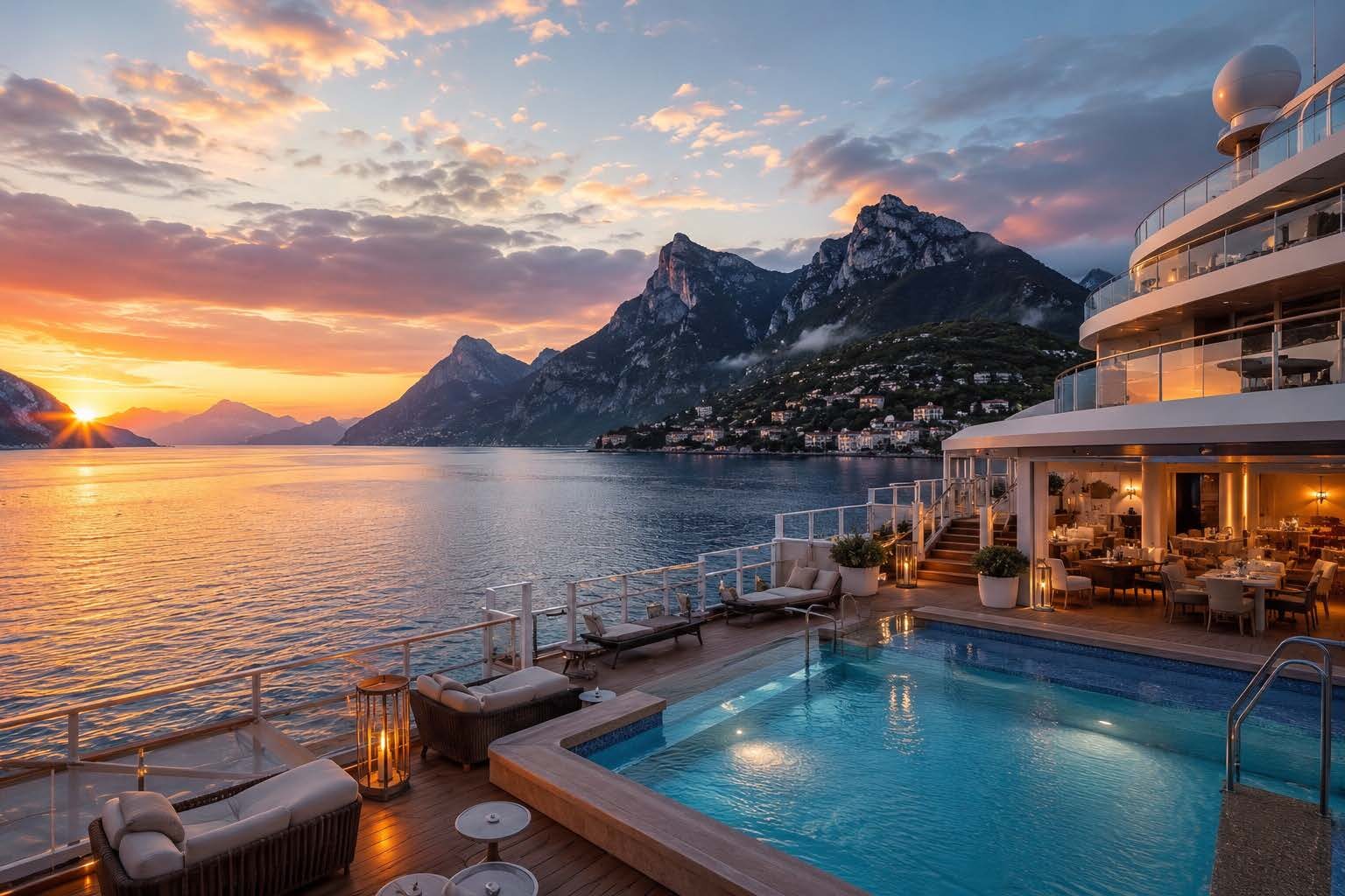 Alors que le soleil disparaît à l'horizon, les passagers profitent du calme d'une terrasse luxueuse avec piscine à débordement et vue imprenable sur la mer. Une scène qui évoque le raffinement, le con