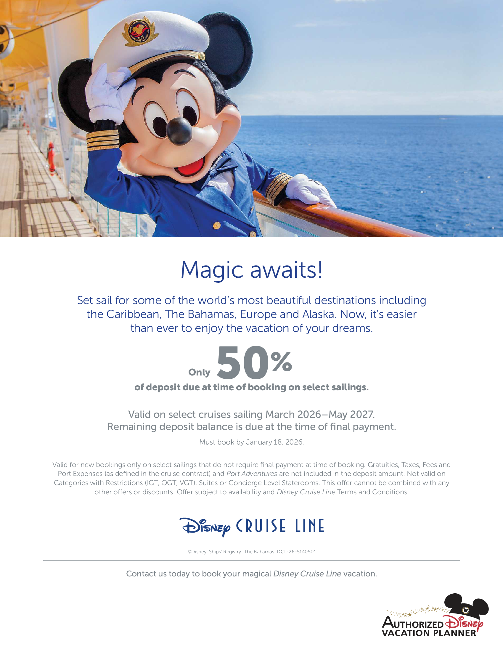 Disney Cruise Line Promotion: Only 50% of deposit with Synergia Travel Magic Makers