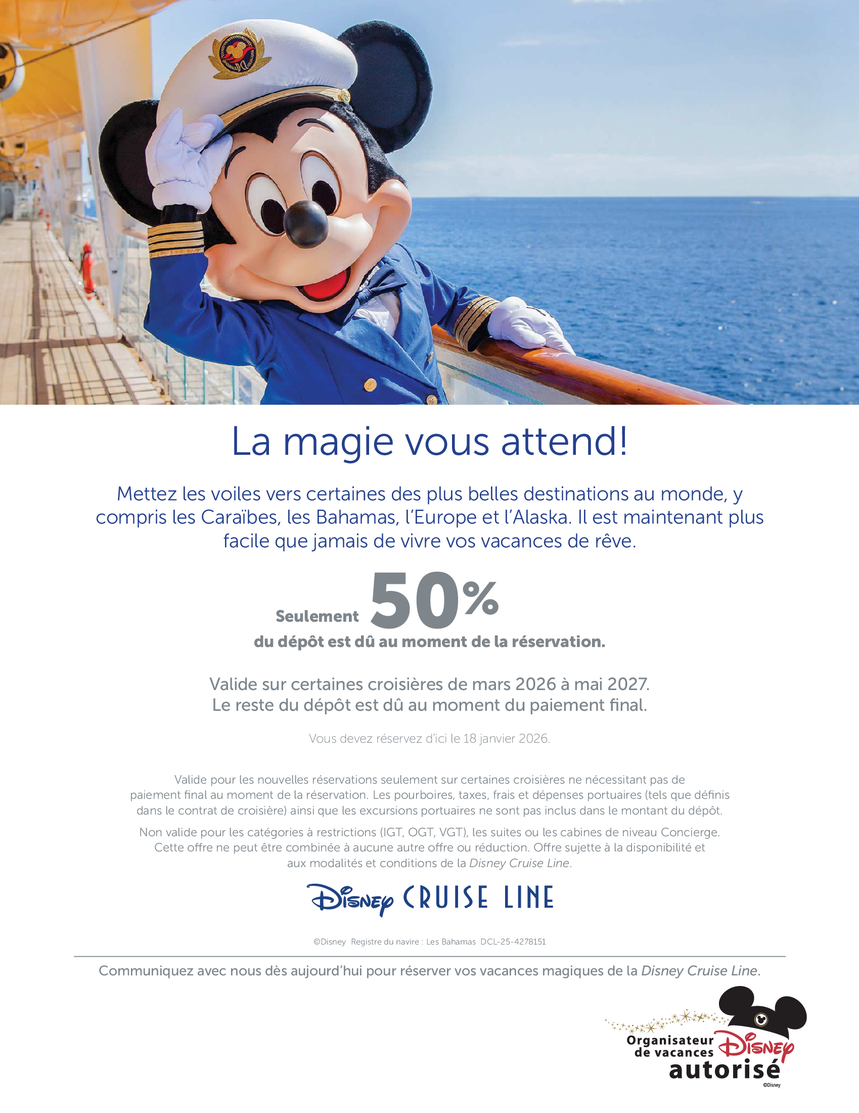 Promotion Disney Cruise Line : Seulement 50% de dépôt avec les Créateurs de Magie de Voyages Synergia 