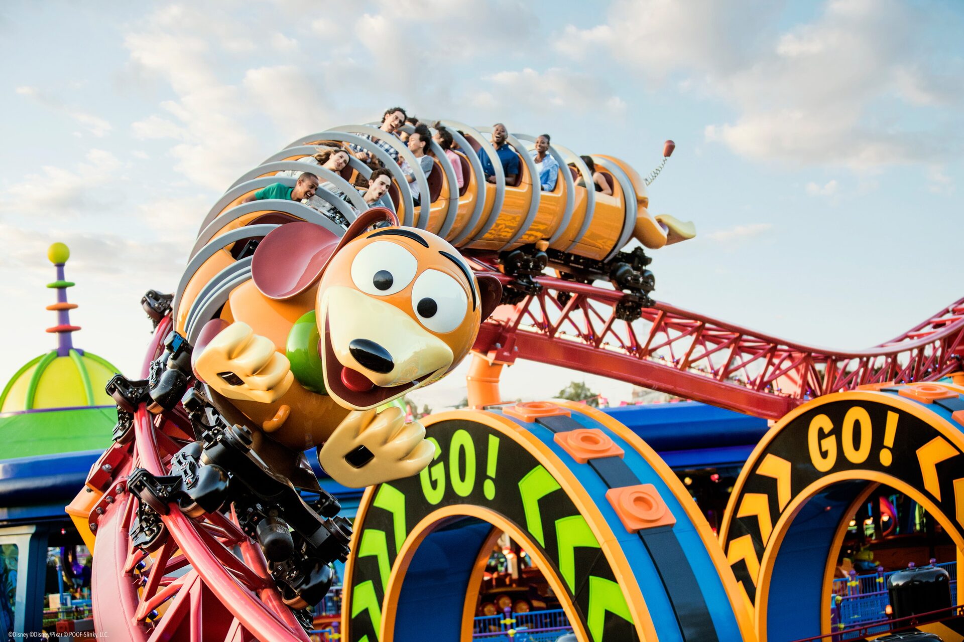 Slinky Dog Dash, the Toy Story Land coaster at Disney’s Hollywood Studios, at dusk