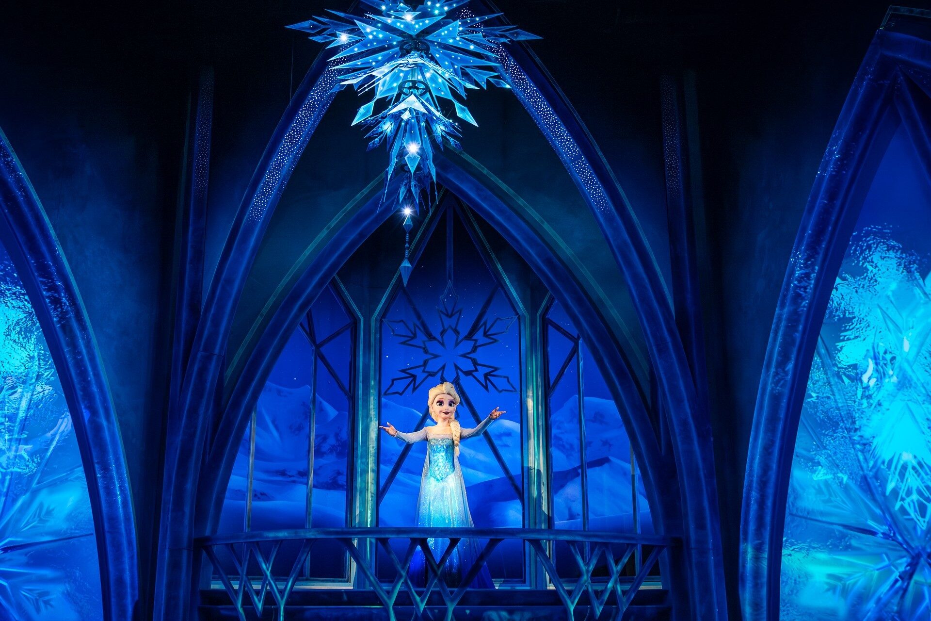 Elsa sings in her ice palace, a scene from the Frozen Ever After attraction at World of Frozen. Photo: ©Disney. Elsa sings in her ice palace, a scene from the Frozen Ever After attraction at World of Frozen. Photo: ©Disney.