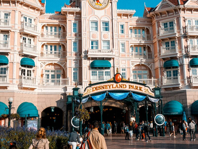 The Disneyland Park entrance in front of the Disneyland Hotel, Disneyland Paris The Disneyland Park entrance in front of the Disneyland Hotel, Disneyland Paris