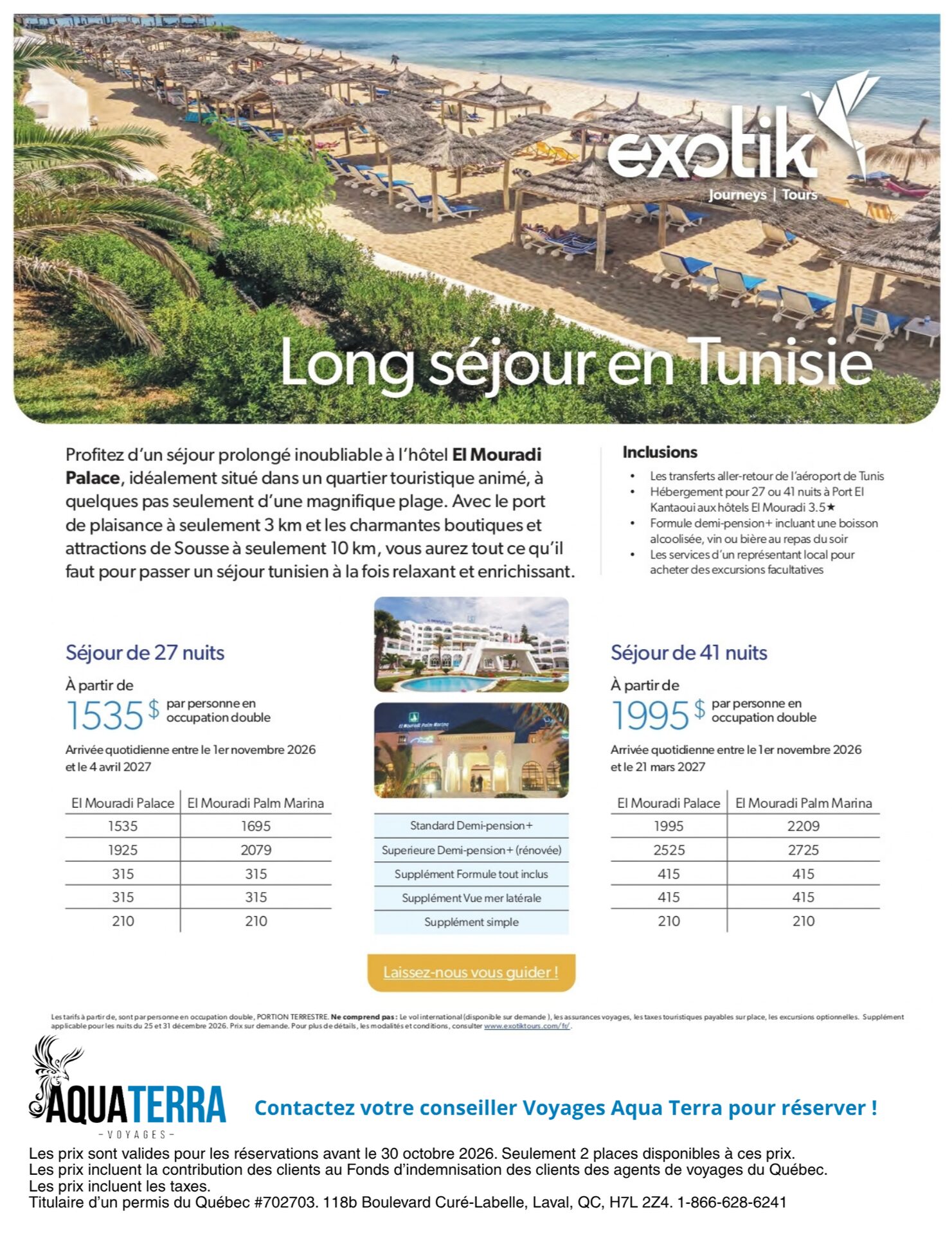 Exotik Tours — Long stay in Tunisia at El Mouradi Palace or El Mouradi Palm Marina in Port El Kantaoui near Sousse: 27 or 41 night packages with half board plus, round-trip transfers from Tunis airpor