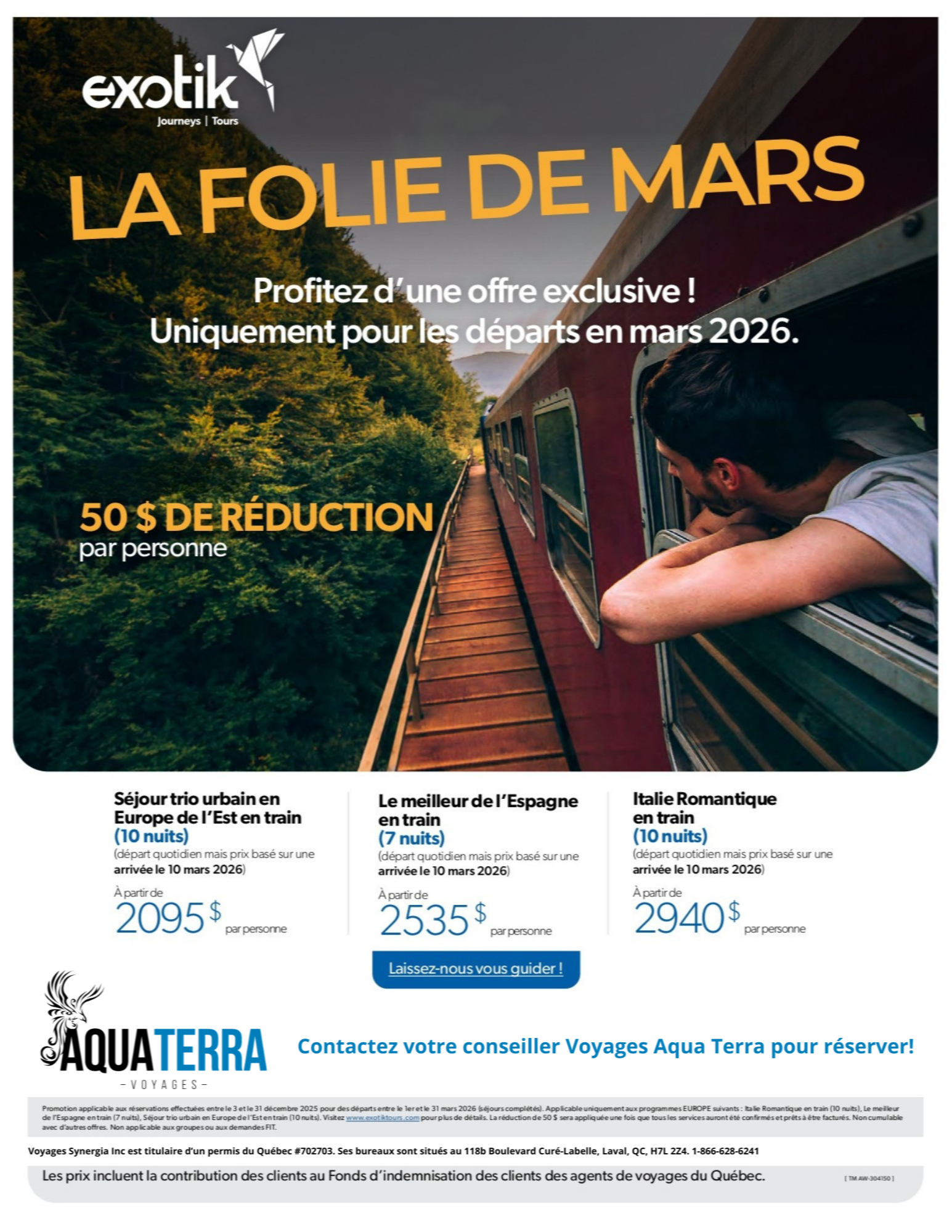 Promotion Exotik Tours 50$ de réduction par personne avec Voyages Aqua Terra