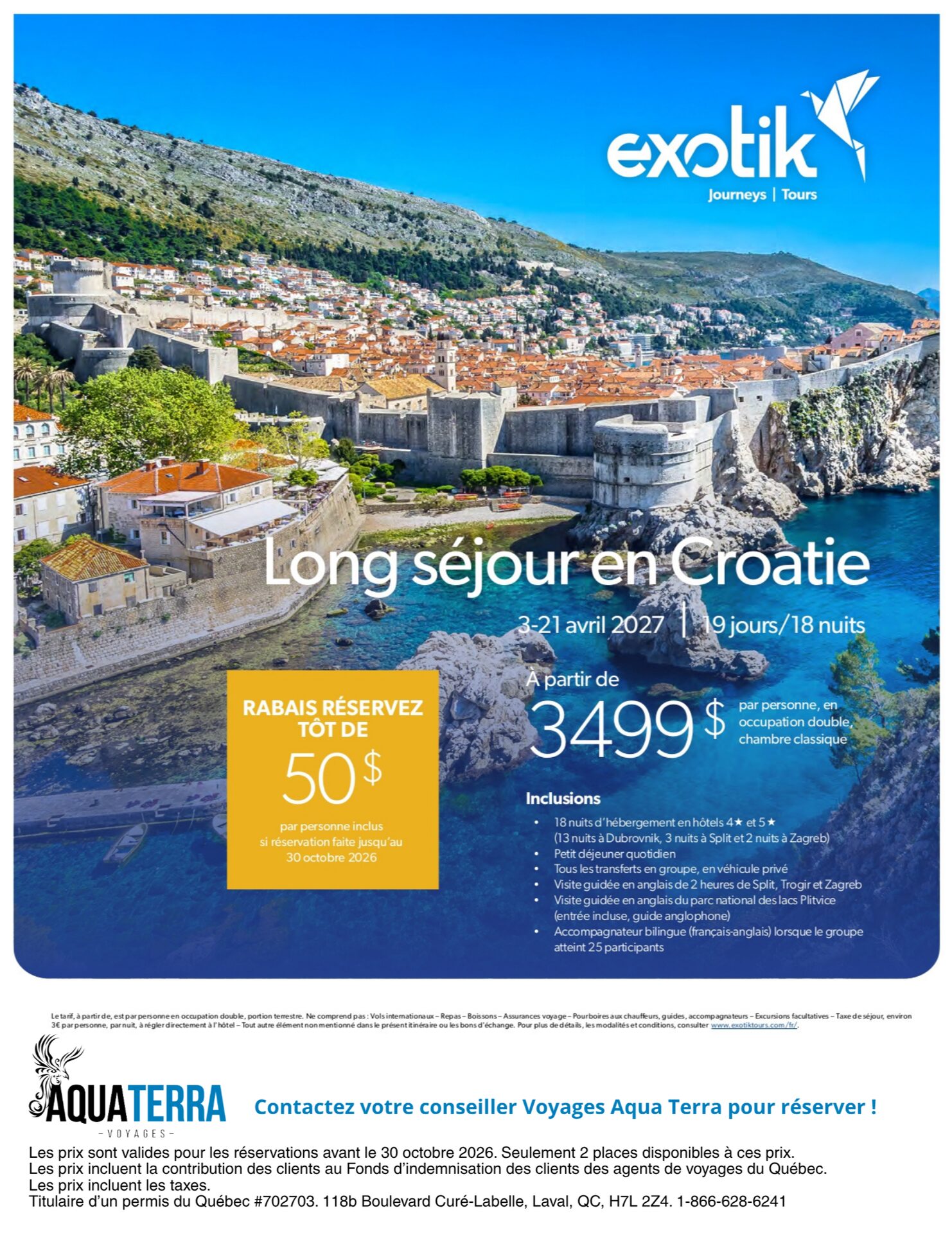 Exotik Tours promotion: 19-day long stay in Croatia — Dubrovnik, Split and Zagreb in April 2027, with Voyages AquaTerra