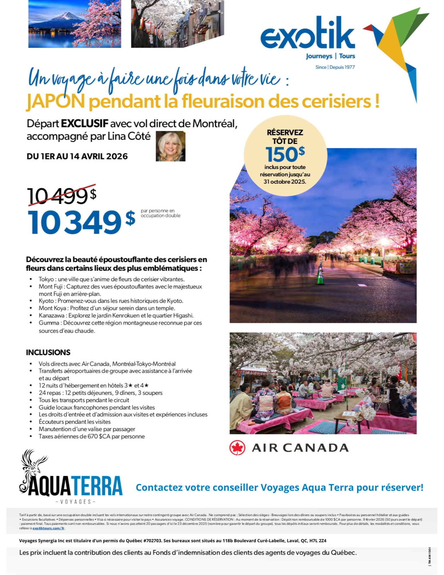 Trip to Japan during cherry blossom season, April 2026, with Voyages Aqua Terra 