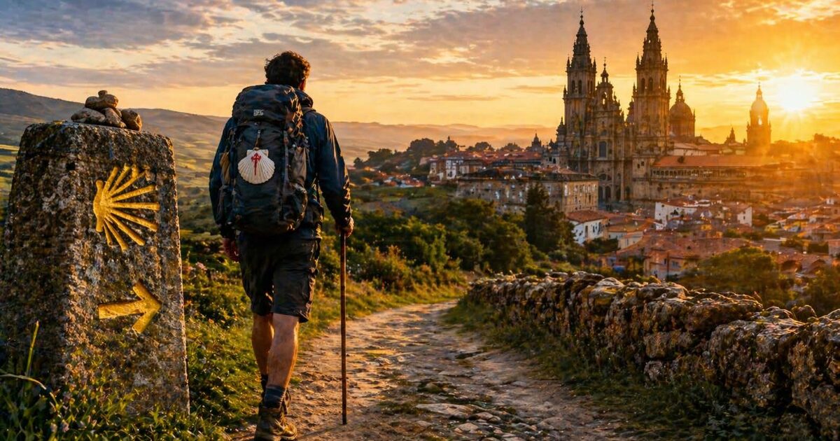 Un pèlerin marche sur le chemin de Compostelle au coucher du soleil, entre murets de pierre et collines dorées, dans une atmosphère de paix et de dépassement de soi.