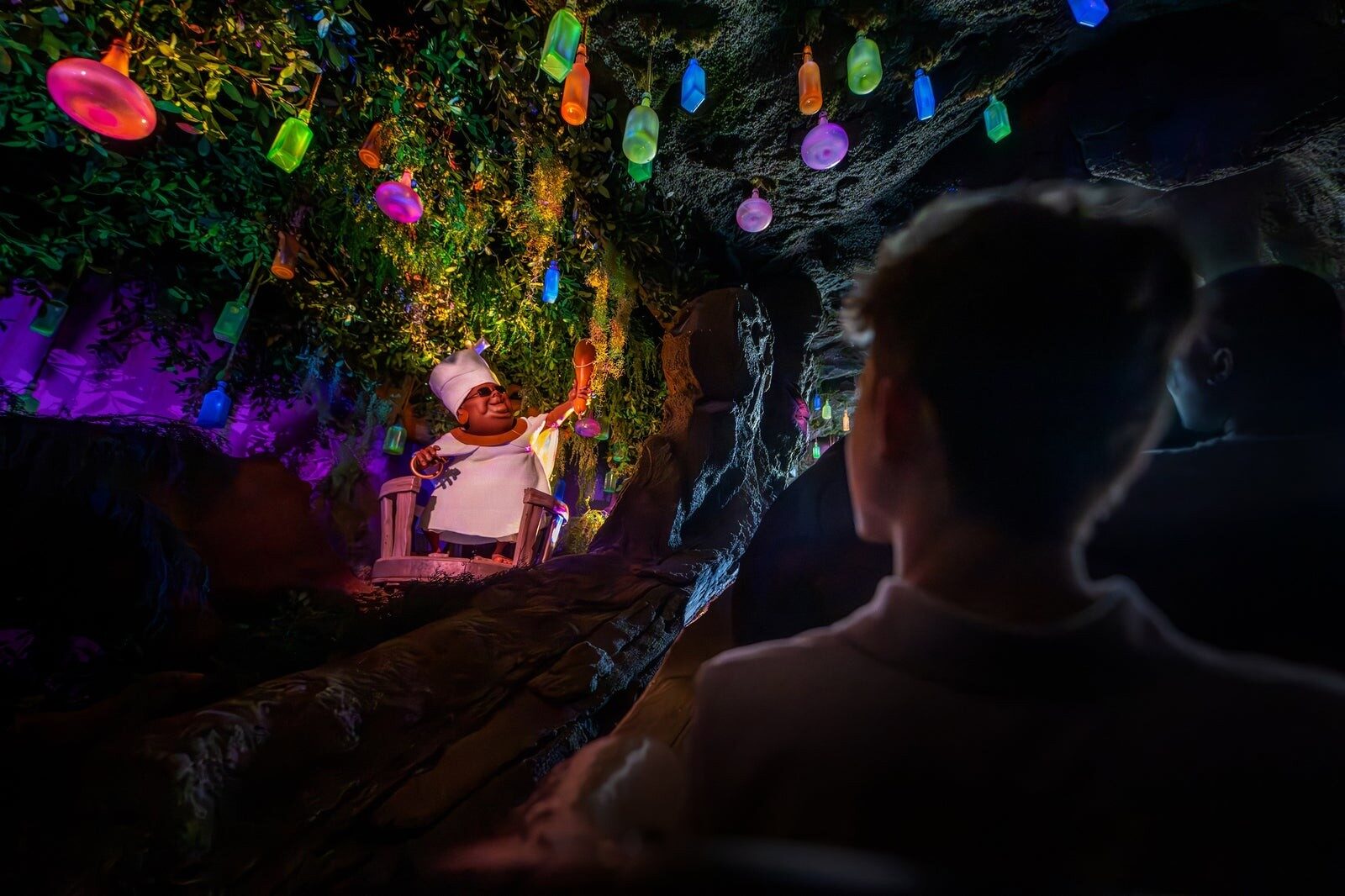 Mama Odie et la descente d'eau de Tiana's Bayou Adventure, au parc Disneyland Mama Odie et la descente d'eau de Tiana's Bayou Adventure, au parc Disneyland
