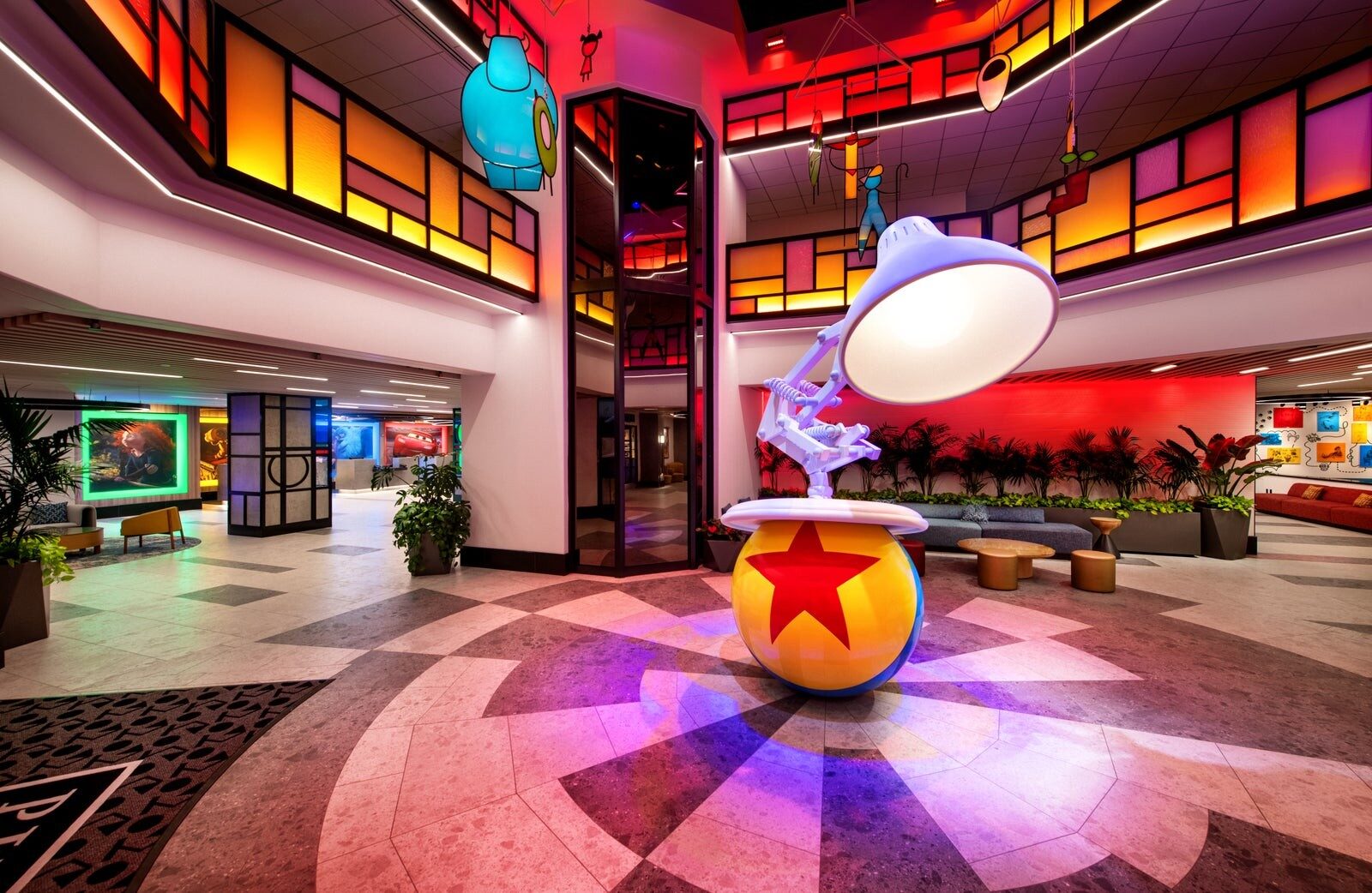 The Pixar Place Hotel lobby with its Luxo Jr. lamp at the Disneyland Resort The Pixar Place Hotel lobby with its Luxo Jr. lamp at the Disneyland Resort