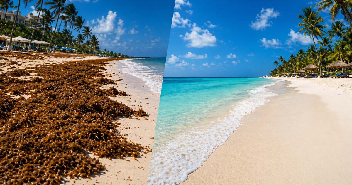 Image panoramique divisée montrant à gauche une plage des Caraïbes couverte de sargasses brunes et à droite une plage tropicale propre avec sable blanc, eau turquoise et palmiers.