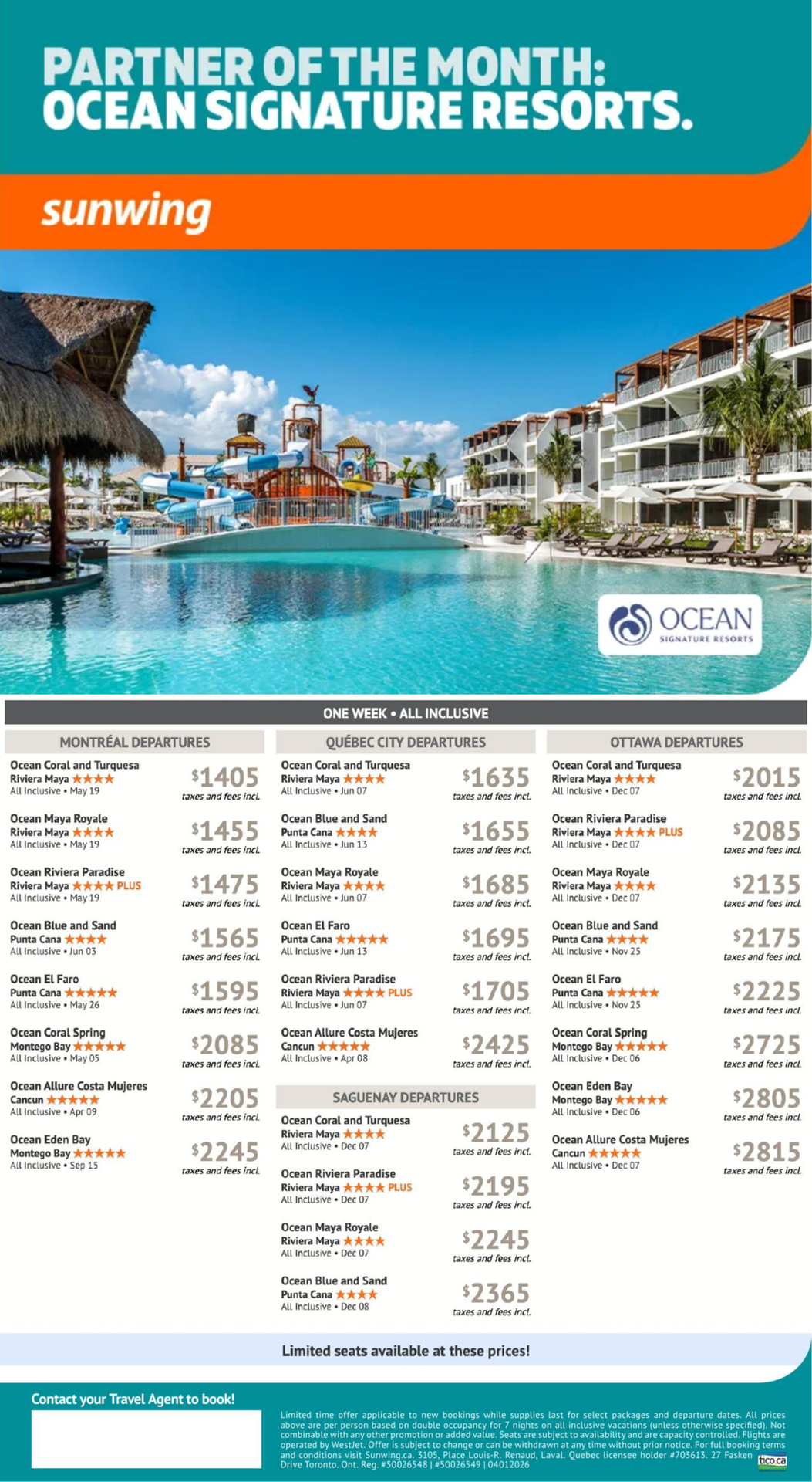 Sunwing Vacations Promotion Ocean Sgnature resorts with Voyages Aqua Terra
