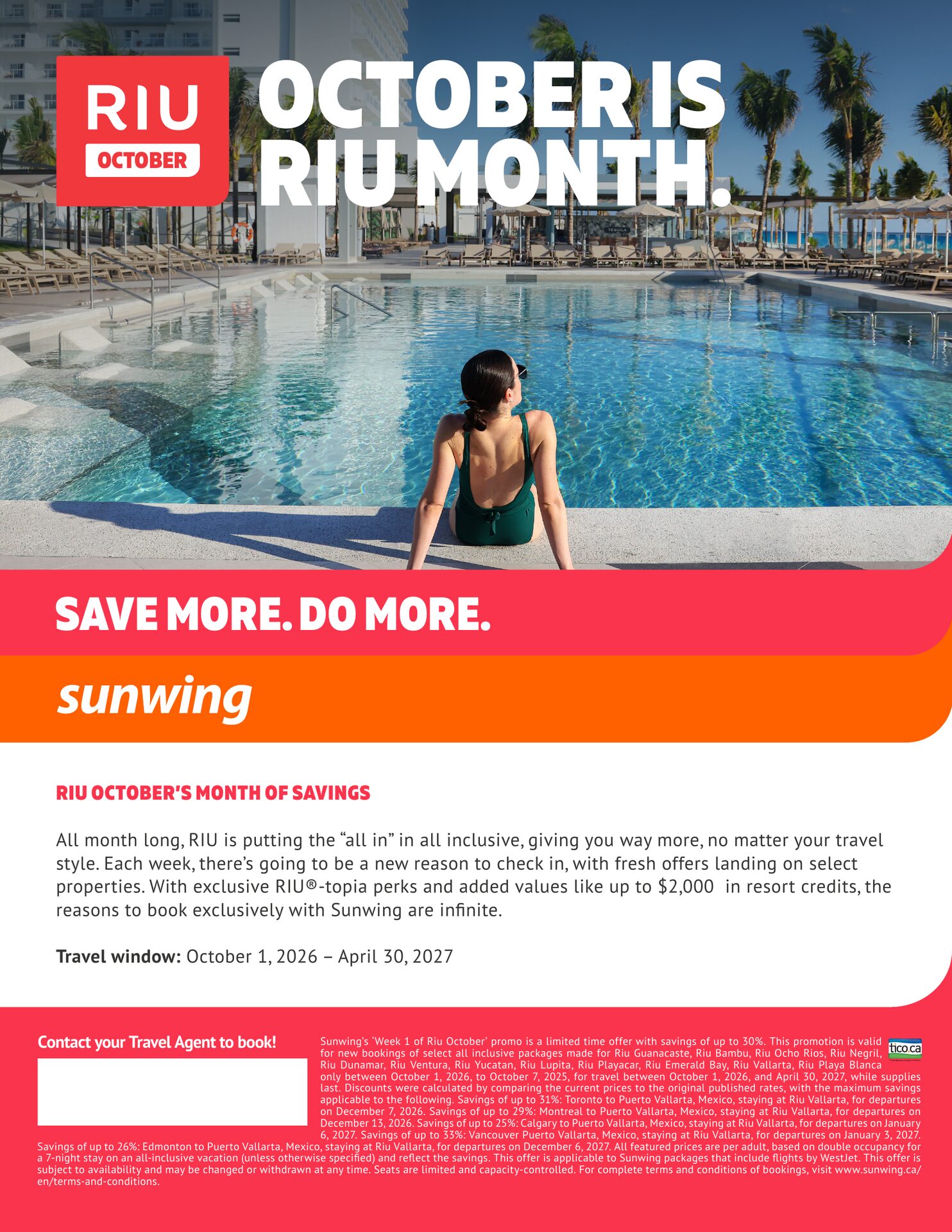 Sunwing — October is RIU month: all-inclusive packages with up to 30% off at Riu resorts (Guanacaste, Bambu, Ocho Rios, Negril, Dunamar, Ventura, Yucatan, Lupita, Playacar, Emerald Bay, Vallarta, Play Sunwing — October is RIU month: all-inclusive packages with up to 30% off at Riu resorts (Guanacaste, Bambu, Ocho Rios, Negril, Dunamar, Ventura, Yucatan, Lupita, Playacar, Emerald Bay, Vallarta, Play