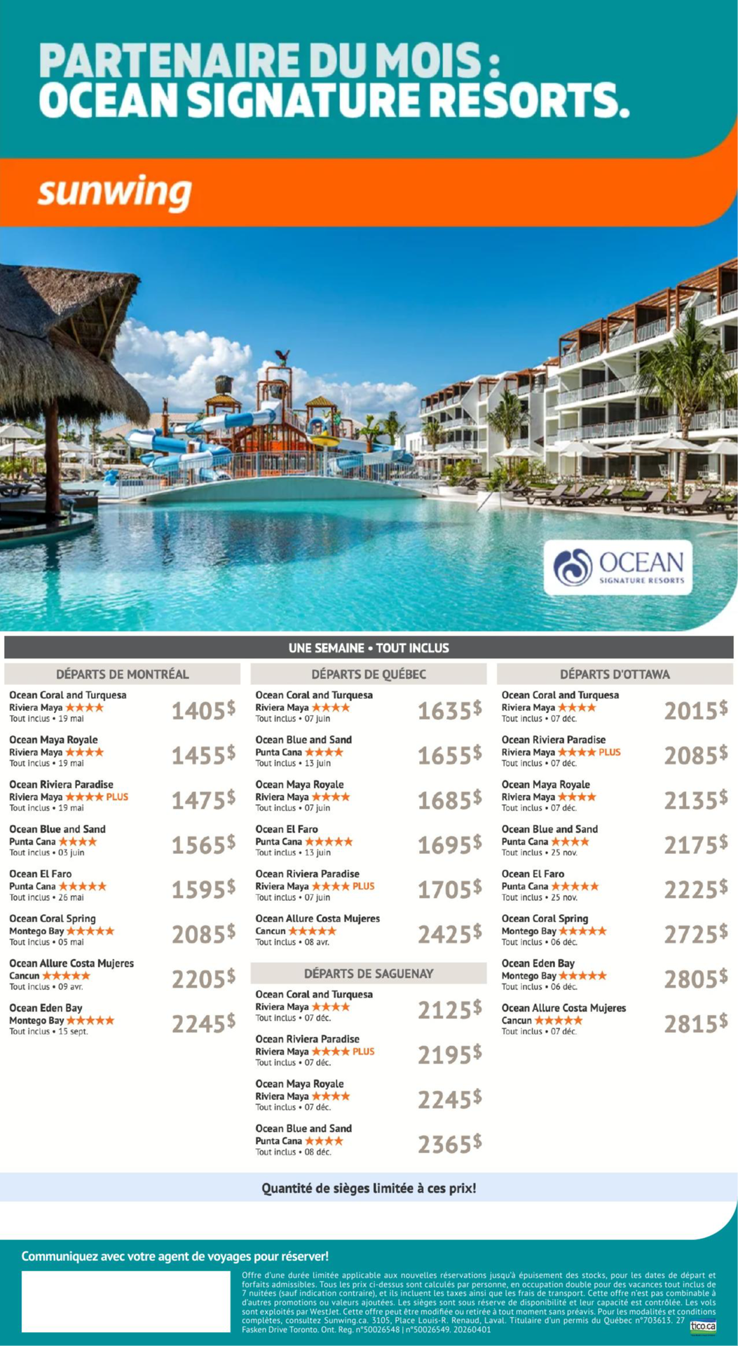 Promotion Vacances Sunwing Océan signature resorts avec Voyages Aqua Terra