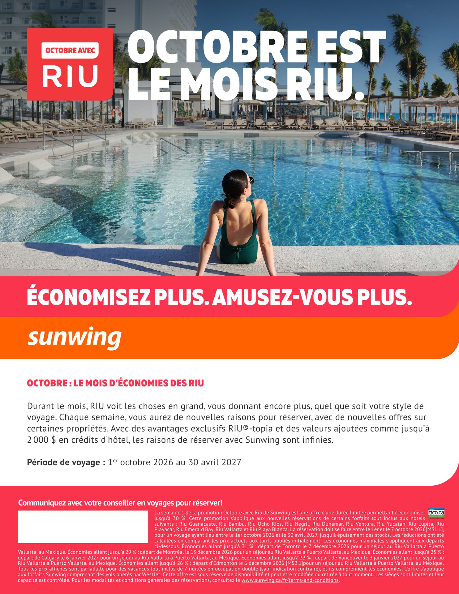 Sunwing — Octobre, le mois des économies RIU : forfaits tout inclus jusqu'à 30 % de rabais dans les hôtels Riu (Guanacaste, Bambu, Ocho Rios, Negril, Dunamar, Ventura, Yucatan, Lupita, Playacar, Emera
