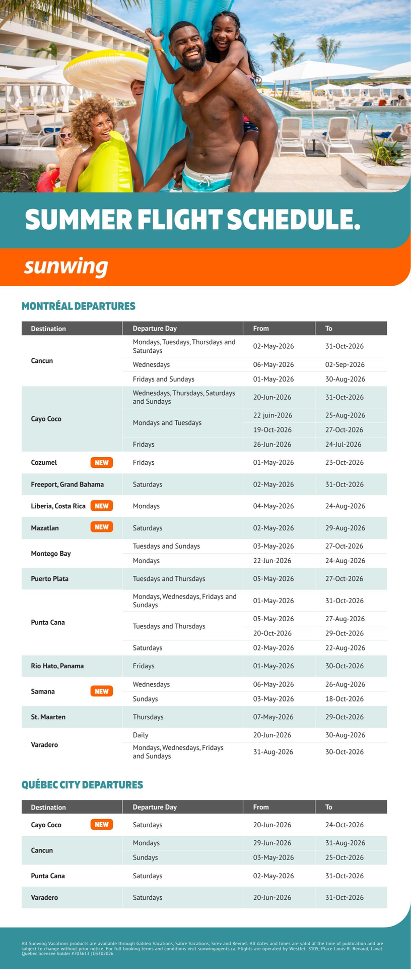 Sunwing Vacations Promotion Summer Dlight Schedule with Voyages Aqua Terra