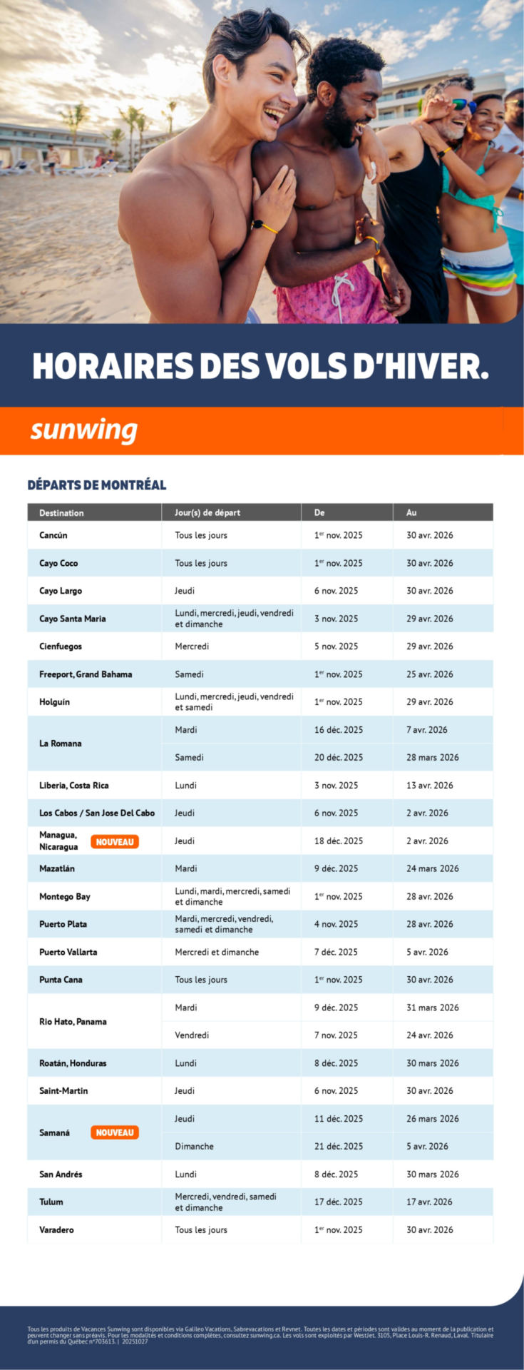Horaires des vols d'hiver Vacances Sunwing avec Voyages Aqua Terra