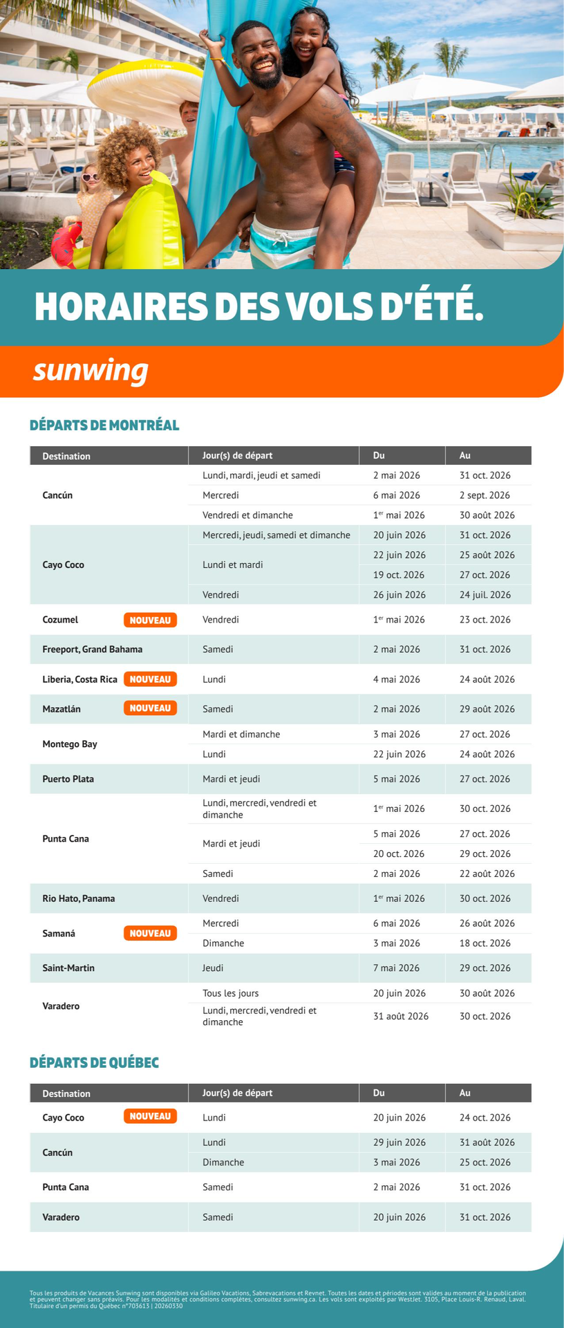 Promotion Vacances Sunwing Horaires des vols d'été avec Voyages Aqua Terra