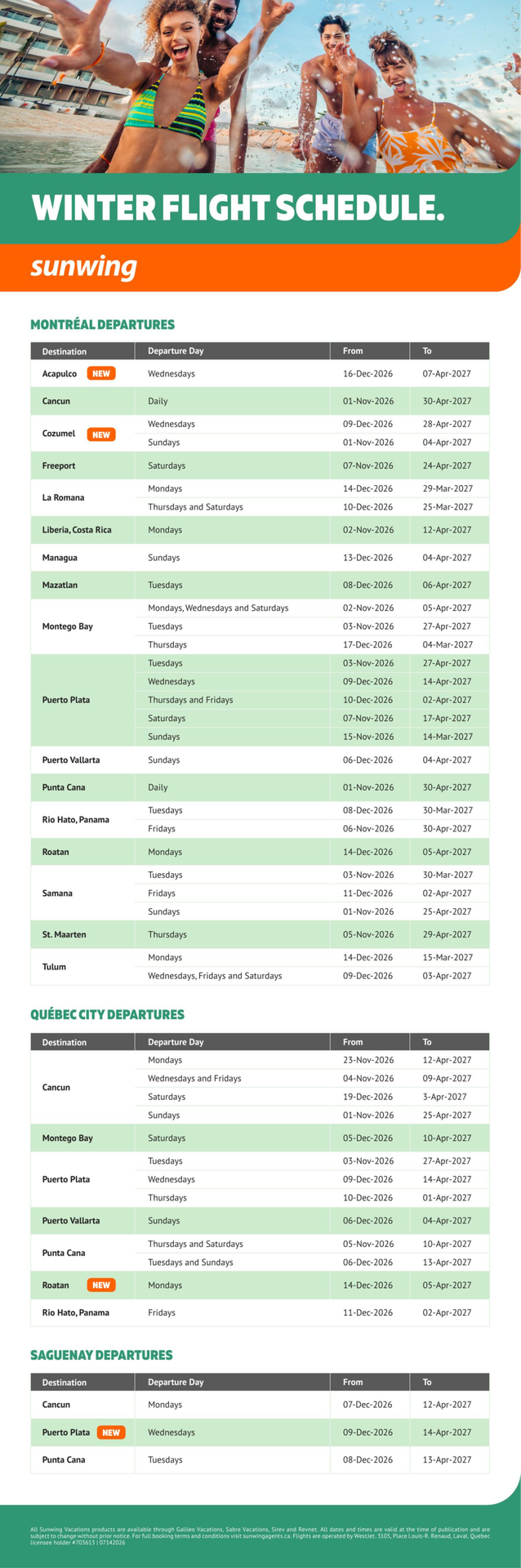 Sunwing Promotion Winter flight schedule with Voyages Auqaterra