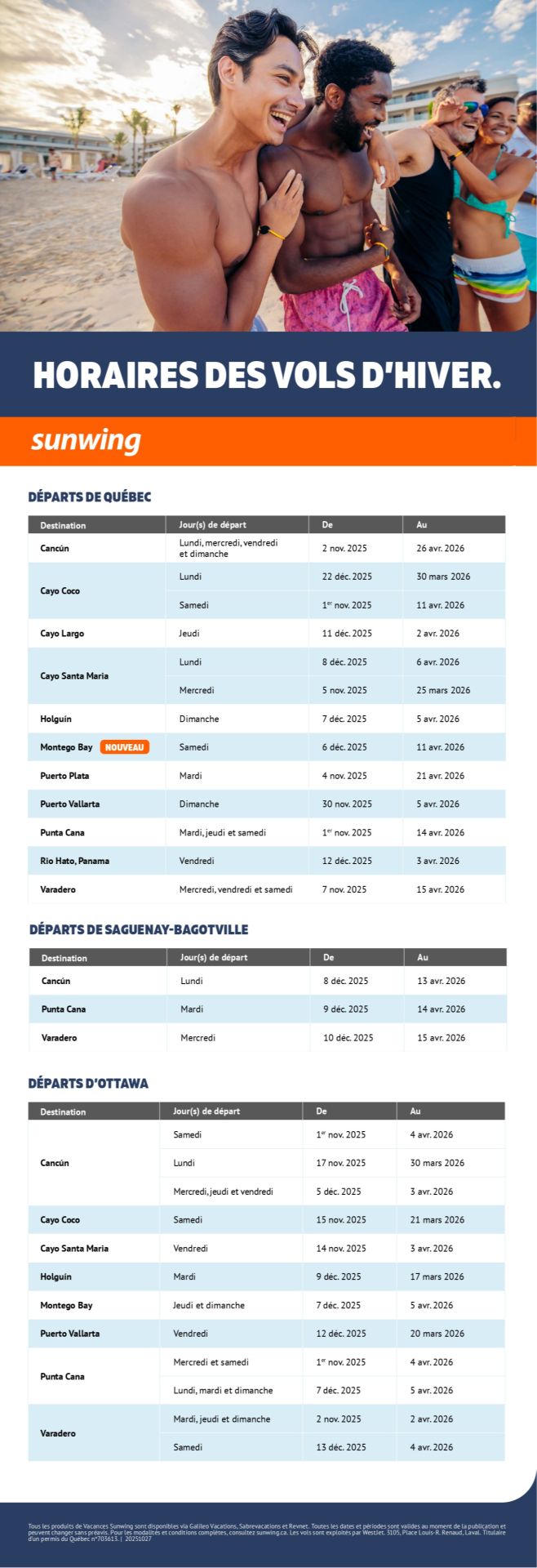Horaires des vols d'hiver Vacances Sunwing avec Voyages Aqua Terra