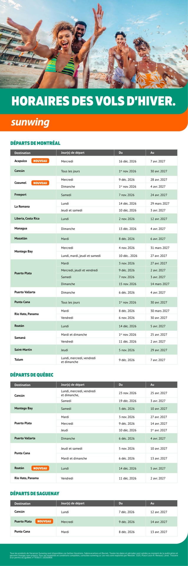 Promotion Horaires des vols d'hiver avec Voyages Aquaterra Promotion Horaires des vols d'hiver avec Voyages Aquaterra