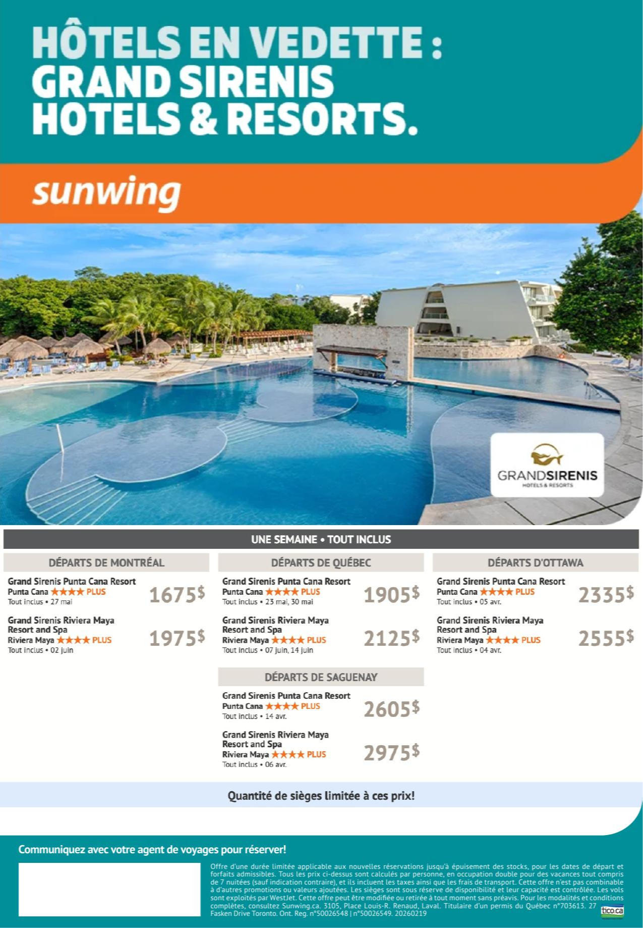 Promotion Vacance Sunwing Hôtels en vedette Grand Sirenis avec Voyages Aqua Terra