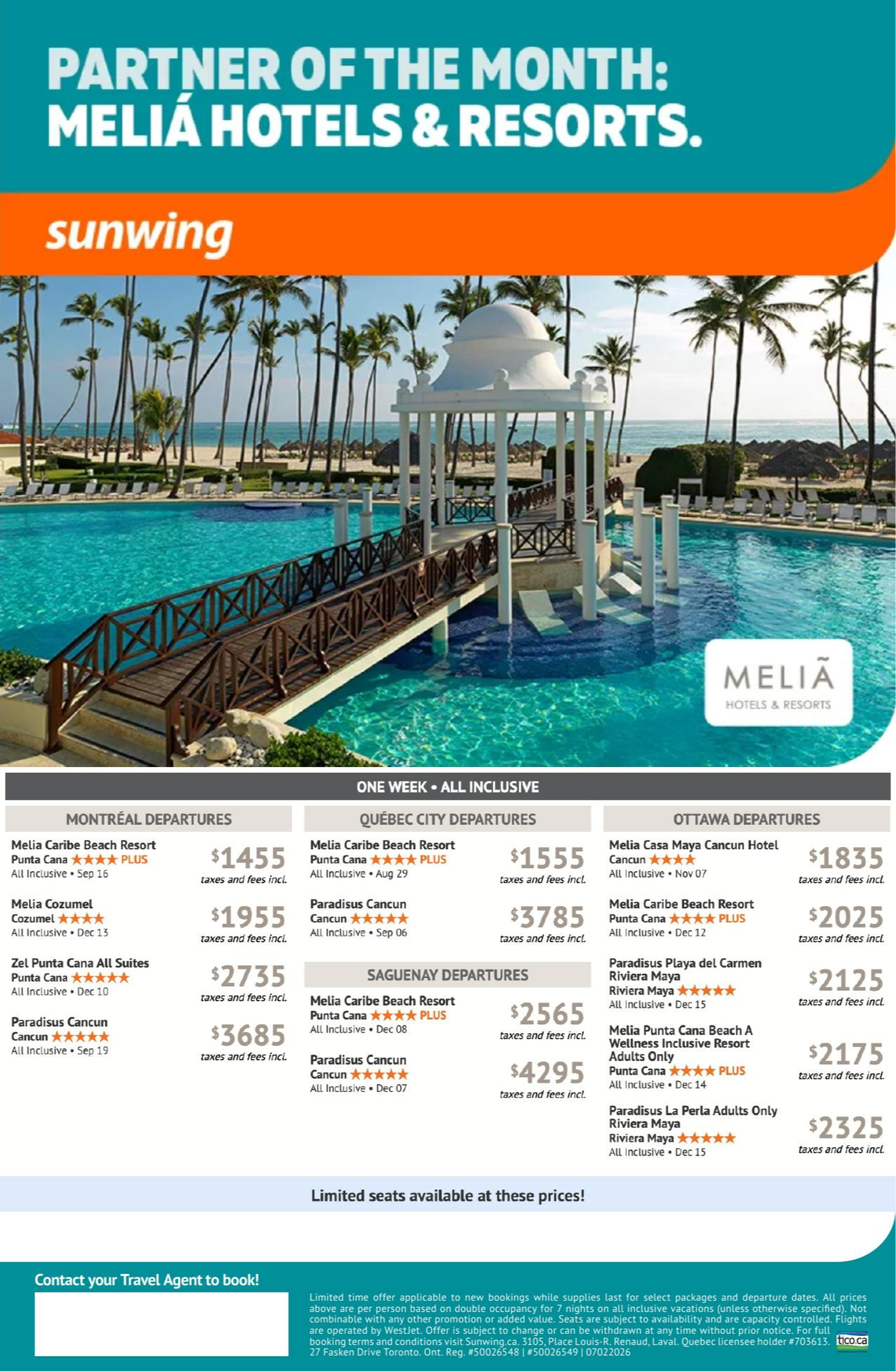 Sunwing Promotion Partner of the month : Melia Hotels & Resorts with Voyages AquaTerra