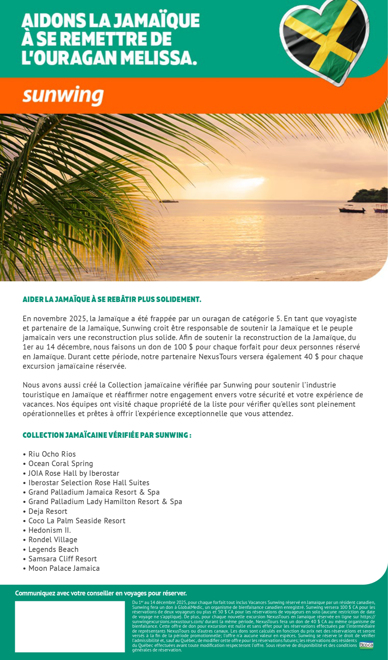 Promotion Vacances Sunwing Ouragan Mélissa Jamaique avec Voyages Aqua Terra