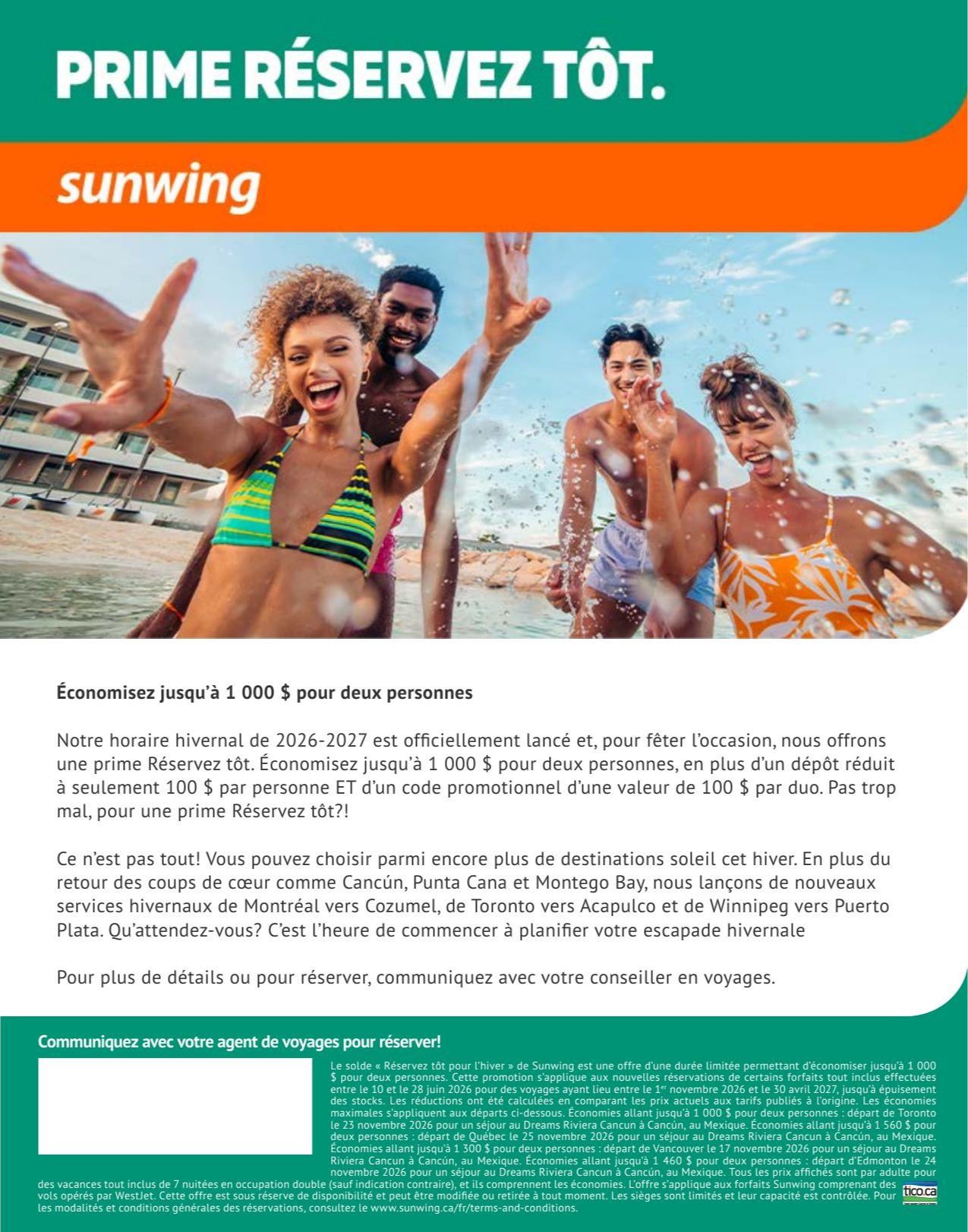 Promotion Sunwing Prime Réservez tôt avec Voyages AquaTerra Promotion Sunwing Prime Réservez tôt avec Voyages AquaTerra