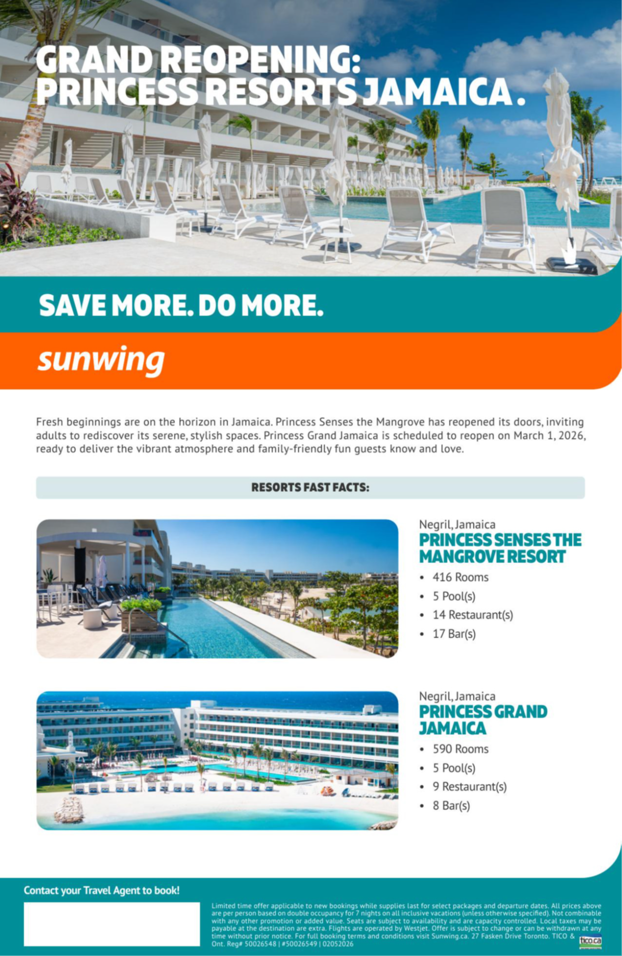  Sunwing Vacations Promotions grand reopening with Aquaterra Travels : Princess resorts Jamaica