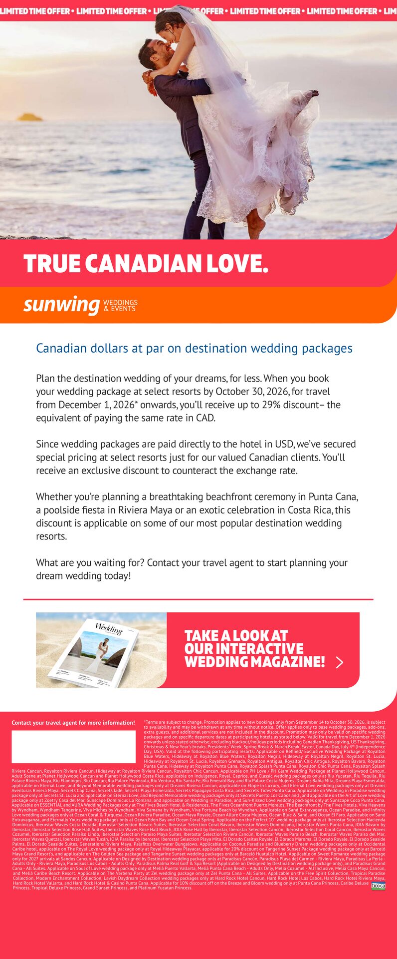 Sunwing — Weddings at Par: up to 29% off base destination wedding packages at select resorts in Punta Cana, the Riviera Maya and Costa Rica, no US currency conversion, book by October 30 2026 for trav Sunwing — Weddings at Par: up to 29% off base destination wedding packages at select resorts in Punta Cana, the Riviera Maya and Costa Rica, no US currency conversion, book by October 30 2026 for trav