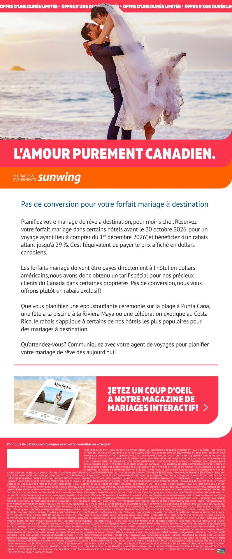 Sunwing — Mariages à destination au pair : jusqu'à 29 % de rabais sur les forfaits mariage de base dans certains hôtels de Punta Cana, de la Riviera Maya et du Costa Rica, sans conversion de devise am