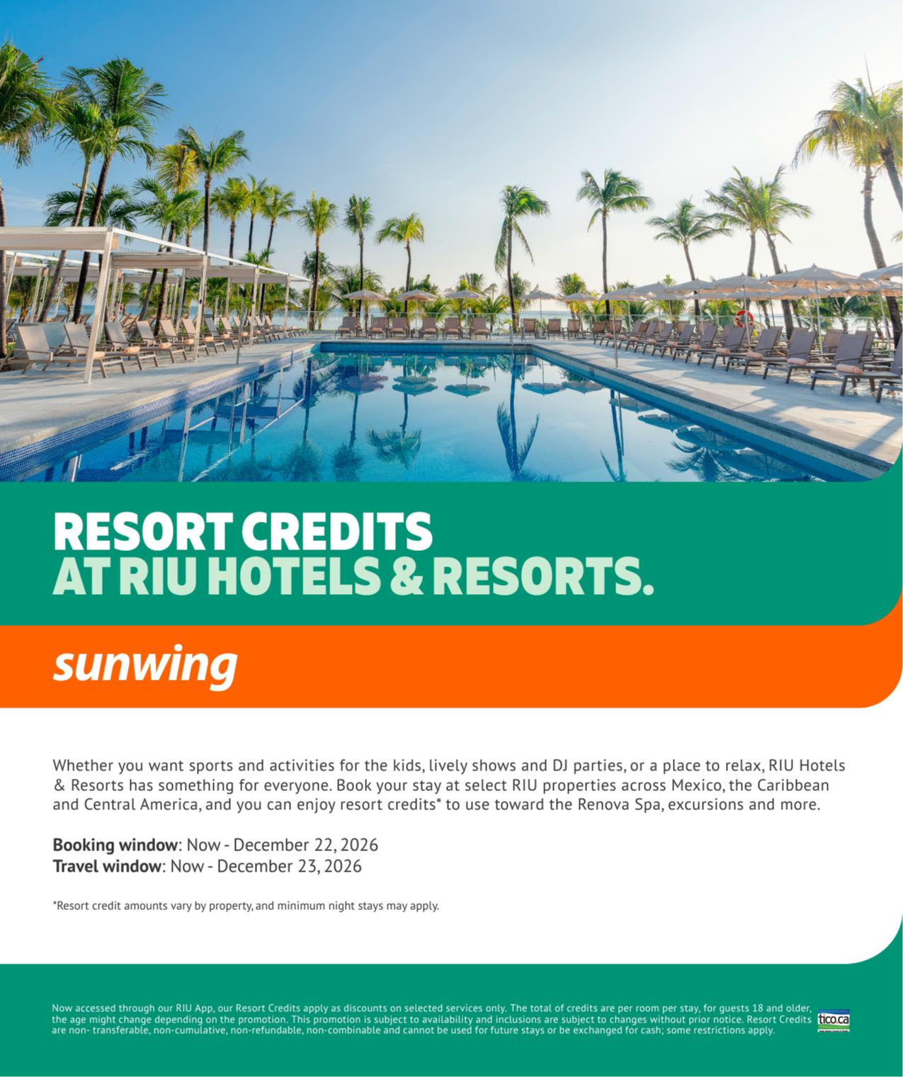 Sunwing Vacations Promotion Hotel credits with Riu Hotels with Voyages Aqua Terra