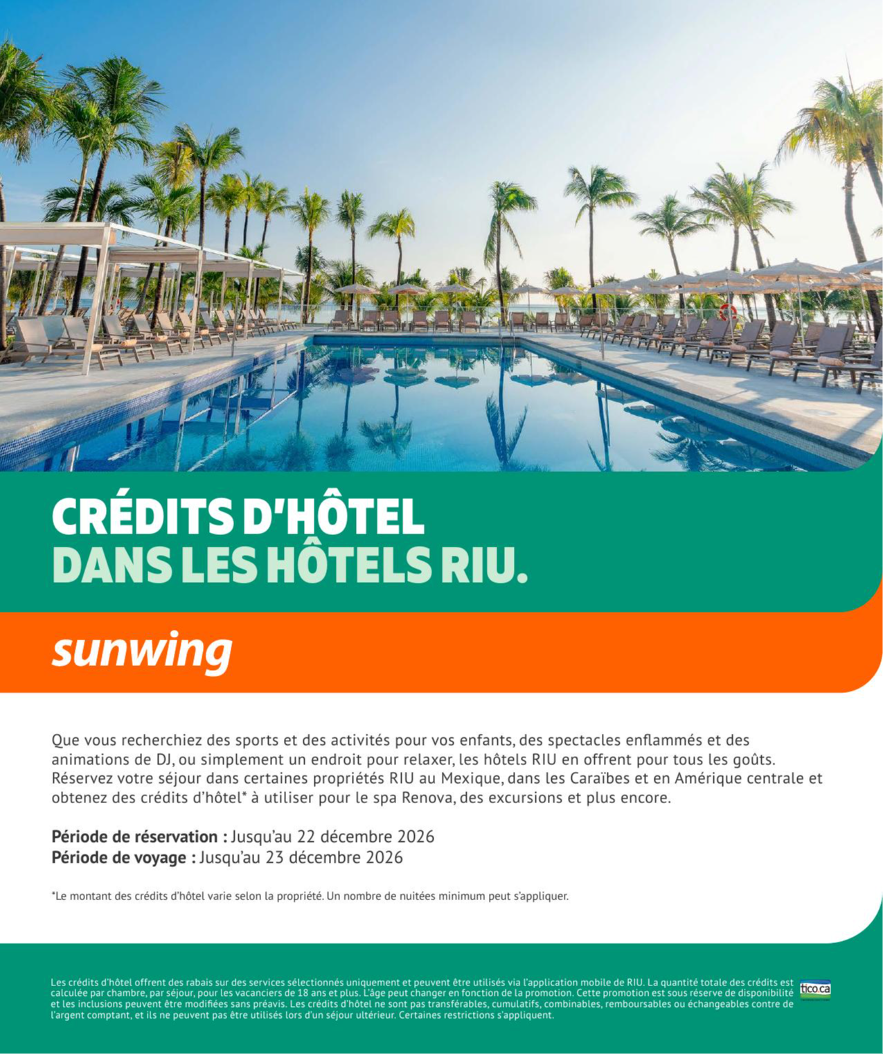 Promotion Vacances Sunwing crédits d'hotels dans les hotels Riu avec Voyages Aqua Terra