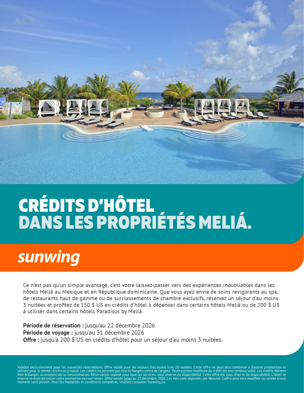 Promotion Vacances Sunwing Credits d’hôtel dans les propriétés Melia avec Voyages Aqua Terra
