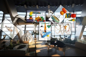 The six panels with robotic arms